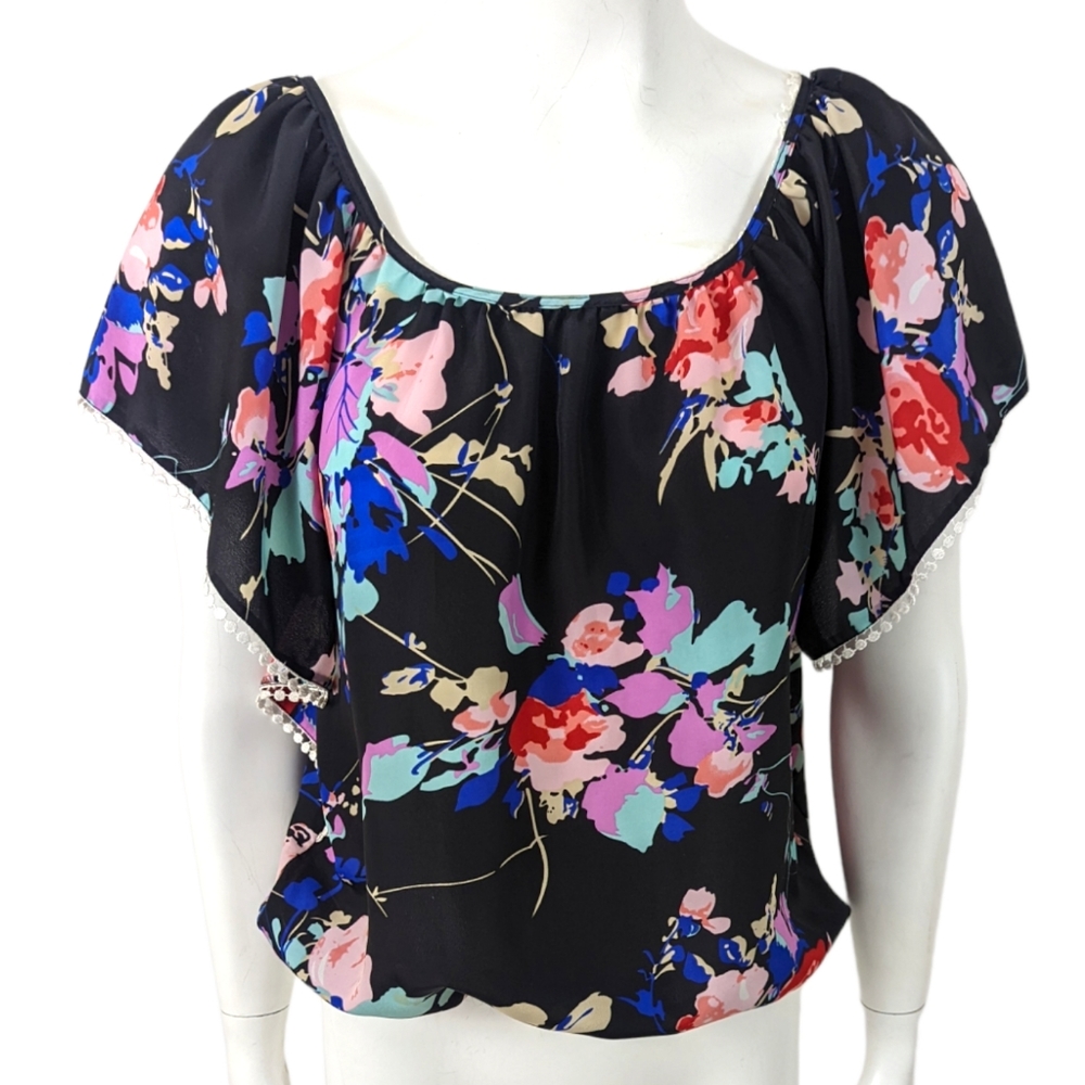 Yumi Kim Floral Blouse Top Flutter Sleeve Womens Small Black Pink